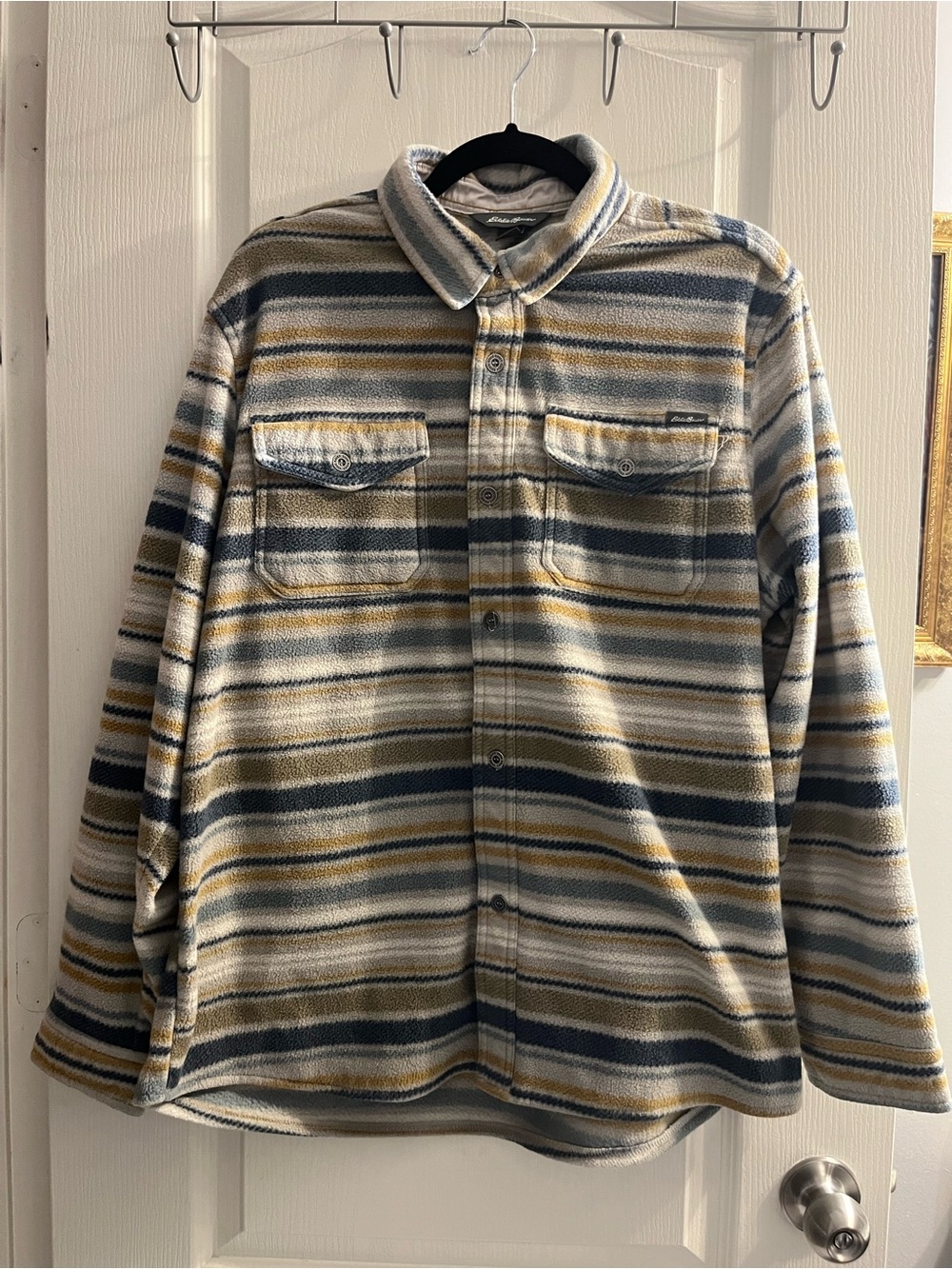 Eddie Bauer Striped Fleece Shacket in Cream, Blue & Mustard